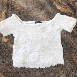 white off the shoulder ruffled crop top